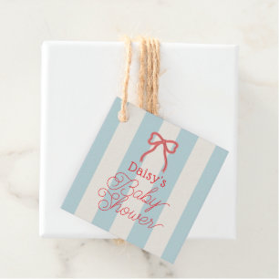 Étiquettes Cadeau Baby Shower Ruban Rouge & Rayures Bleues