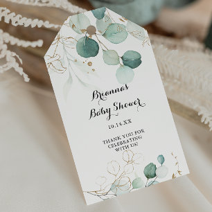 Étiquettes-cadeau Baby-Shower Rustique Fleurs Eucalyptus Or