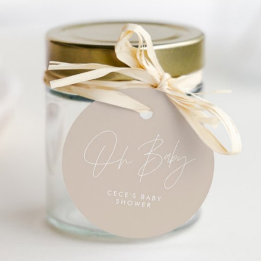 Étiquettes Cadeau Baby shower script moderne beige élégant