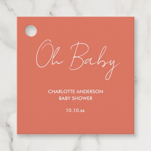 Étiquettes Cadeau Baby shower script moderne terre cuite élégante (Devant)