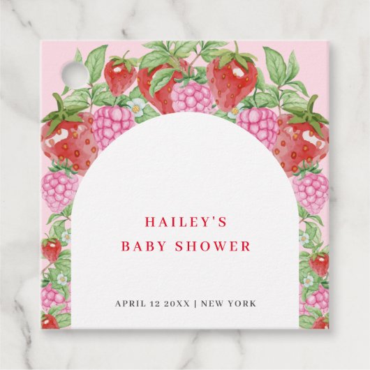 Étiquettes Cadeau Baby shower simple en arche de fraise douce (Devant)
