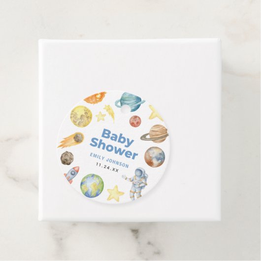 Étiquettes Cadeau Baby shower spatial (En situation)