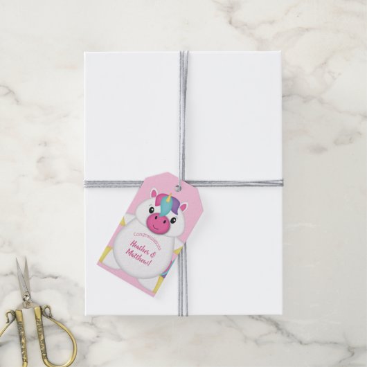 Étiquettes-cadeau Baby shower Unicorne rose (Avec de la ficelle)