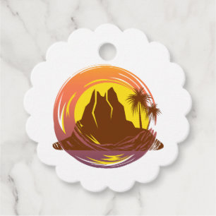 Étiquettes Cadeau Badge avec paysage volcanique tropical et palmiers
