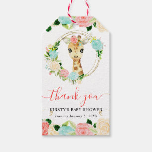 Étiquettes-cadeau Bain de bébé floral à la girafe de la jungle migno