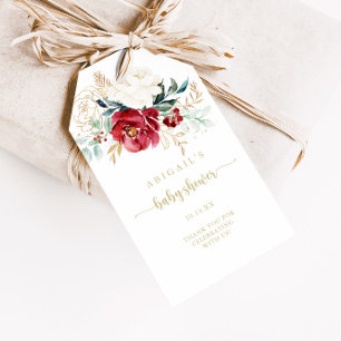 Étiquettes-cadeau Bain de bébé floral doré classique Bourgogne Blanc