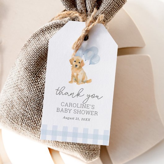 Étiquettes-cadeau Bain de bébé Gingham Bleu Golden Retriever