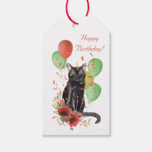 Étiquettes-cadeau Balise cadeau d'anniversaire chat de fête avec bal