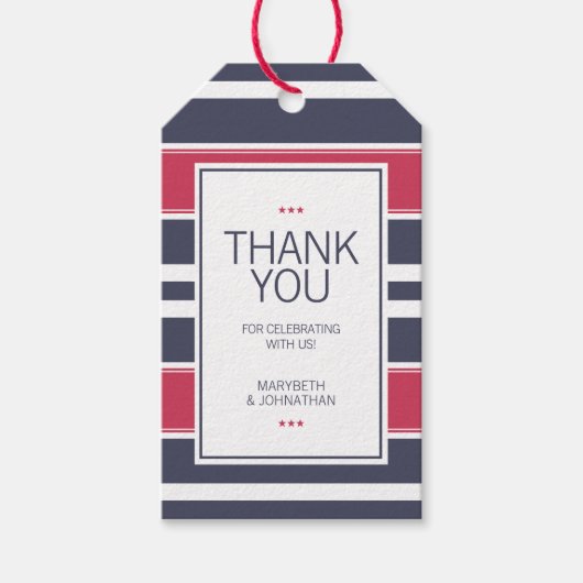 Étiquettes-cadeau Balise cadeau de Merci en bande rouge, blanc et bl (Devant)