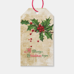 Étiquettes-cadeau Balise cadeau de Noël vintage Holly Branch