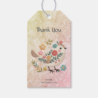 Étiquettes-cadeau Balise Cadeau Feuille Little Bird Flowers rose