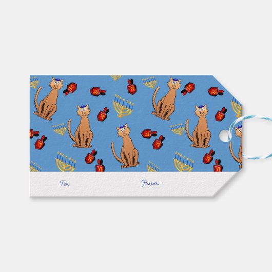 Étiquettes-cadeau Balise cadeau Hanoukka Cat Dreidel Blue (Devant (Horizontal))