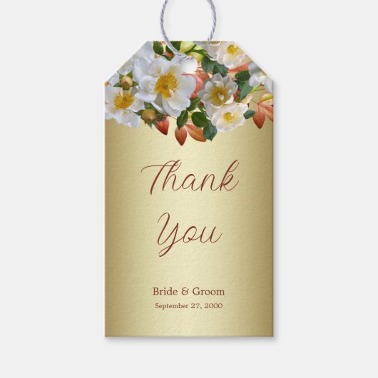 Étiquettes-cadeau Balise cadeau or floral Roses blanches (Devant)