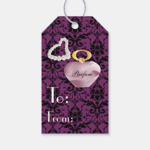 Étiquettes-cadeau Balise cadeau Parfum & Perles pourpre & noir Damas