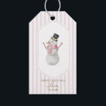 Étiquettes-cadeau Balise cadeau Pink Christmas Snowman<br><div class="desc">Ajoutez une touche gaie à votre emballage de vacances avec cette étiquette cadeau qui comprend un bonhomme de neige aquarelle portant un foulard rose et un chapeau de dessus noir. Contre des rayures pastel douces, ce tag festif est parfait pour les cadeaux de Noël, les fêtes et la décoration saisonnière....</div>