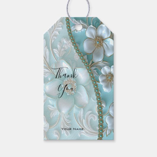 Étiquettes-cadeau Balise cadeau turquoise blanc floral (Devant)