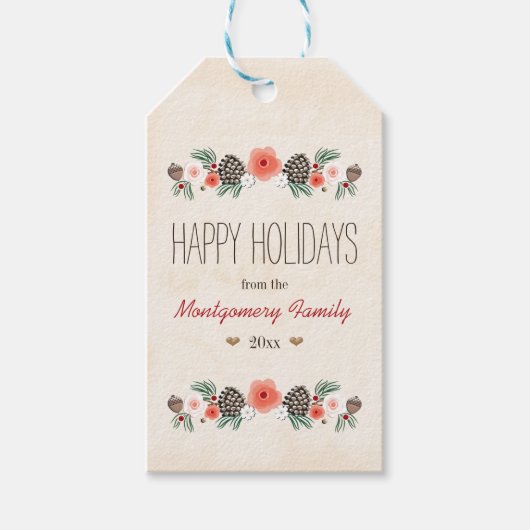 Étiquettes-cadeau Balise cadeau vintage Floral Pinecone Happy Holida (Devant)