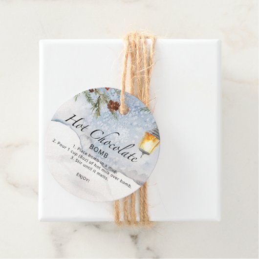 Étiquettes Cadeau Balise chocolat chaud. Bombe à cacao chaude d'hive (En situation)