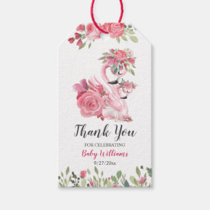 Étiquettes-cadeau Balise Cygne rose et Merci Baby shower Rose