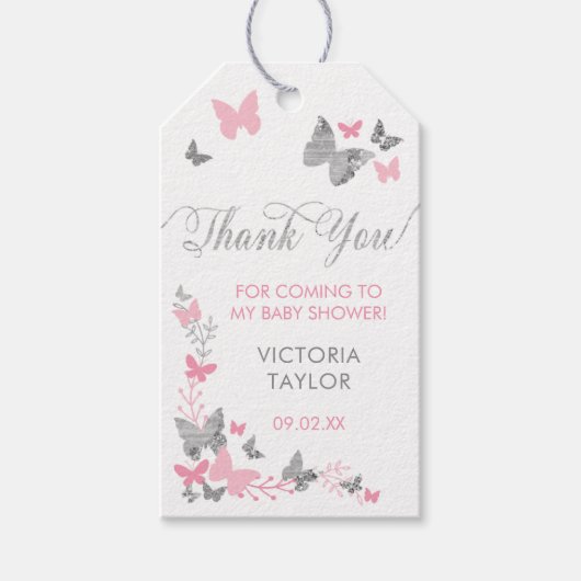 Étiquettes-cadeau Balise de Merci papillon, rose, argent (Devant)