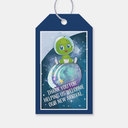 Étiquettes-cadeau Balise de préférence du Baby shower Alien (Devant)