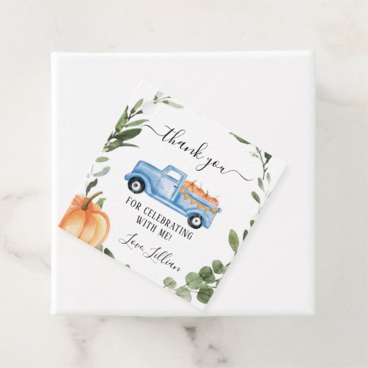 Étiquettes Cadeau Balise Merci Citrouille de camion vert (En situation)