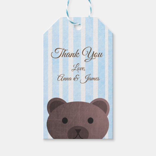 Étiquettes-cadeau Balise Merci rayé bleu ours en peluche (Devant)