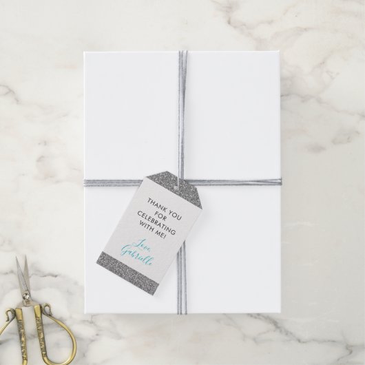 Étiquettes-cadeau Balise Parties scintillant argent Turquoise Merci  (Avec de la ficelle)