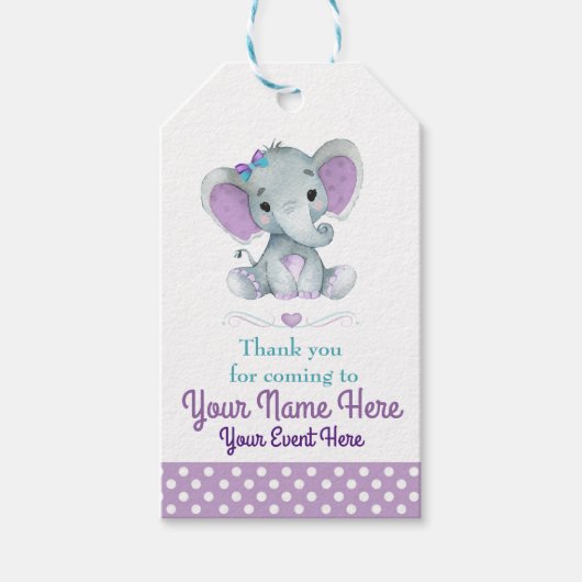 Étiquettes-cadeau Balise Personnalisable Purple Turquoise Elephant M (Devant)
