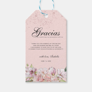 Étiquettes-cadeau Balise rose or Floral Quinceañera Merci Favor