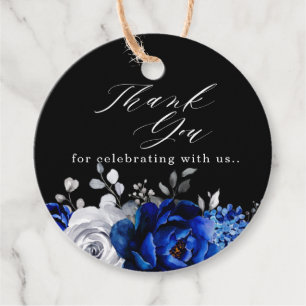 Étiquettes Cadeau Balise Royal Bleu Blanc Argent Floral Merci Favori