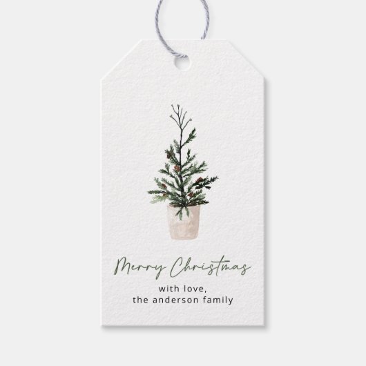 Étiquettes-cadeau Balises Cadeau simple Joyeux Noël Aquarelle Arbre (Devant)