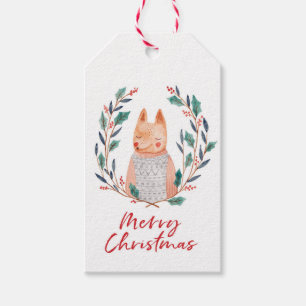 Étiquettes-cadeau Balises cadeaux de Noël aquarelle renard et couron