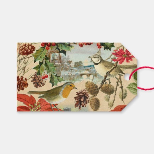 Étiquettes-cadeau Balises cadeaux de Noël Vintage avec oiseaux et fl (Devant (Horizontal))