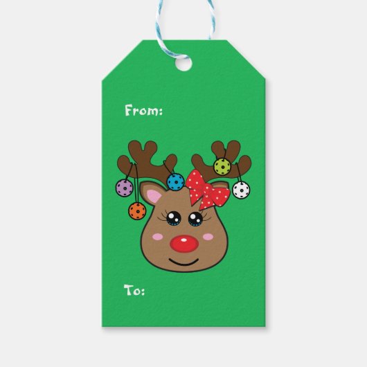 Étiquettes-cadeau Balises cadeaux de rennes verts Pickleball (Devant)