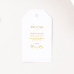 Étiquettes-cadeau Balises cadeaux Mariage or simple et élégant<br><div class="desc">Ces étiquettes de bienvenue mariage or sobres et élégantes sont parfaites pour votre mariage blanc et or minimaliste moderne. Le design comporte une police d'or contemporaine minimale accompagnée d'une calligraphie formelle. Gardez-le tel quel,  ou choisissez de le personnaliser avec vos propres oeuvres d'art ou photos !</div>