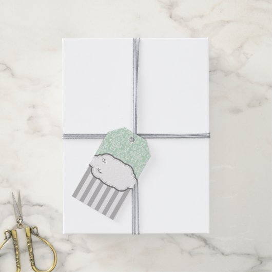 Étiquettes-cadeau Balises Cadeaux Mint Vert Blanc Gris Damas (Avec de la ficelle)