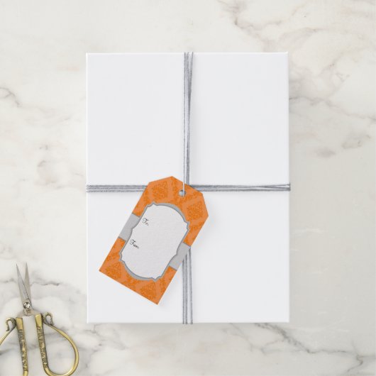 Étiquettes-cadeau Balises Cadeaux Orange Blanc Gris Damas (Avec de la ficelle)