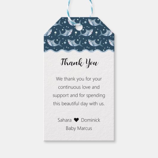 Étiquettes-cadeau Balises de préférence Baby shower requin (Devant)