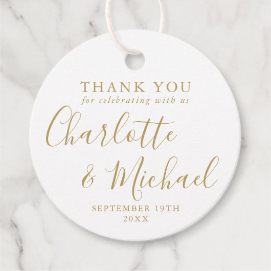 Étiquettes Cadeau Balises préférées du Mariage de script or (Devant)