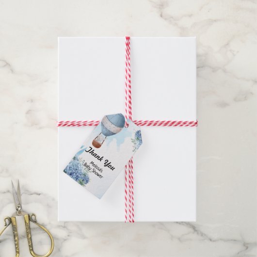 Étiquettes-cadeau Ballon à air chaud éléphant bleu hydrangée (Avec de la ficelle)