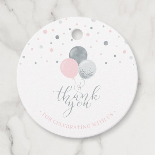 Étiquettes Cadeau Ballons argenté et rose | Balise de préférence du  (Devant)