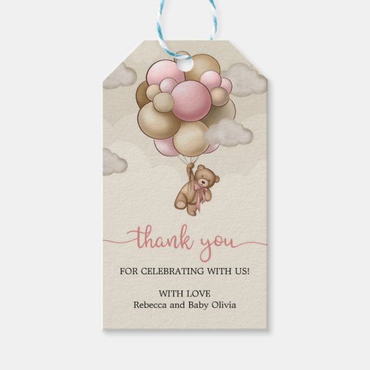 Étiquettes-cadeau Ballons beiges brun rosé en teddy merci (Devant)