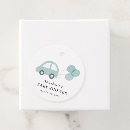 Étiquettes Cadeau Ballons de voiture bleu Baby shower de garçon blan (En situation)