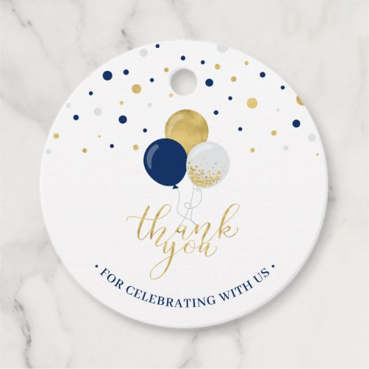 Étiquettes Cadeau Ballons Gold & Navy | Balise de préférence du Merc (Devant)