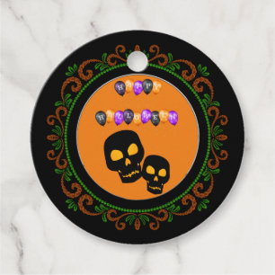 Étiquettes Cadeau Balloons Orange Vert Noir Crânes Joyeux Halloween