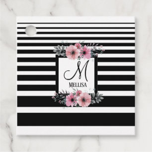 Étiquettes Cadeau Bandes noires et blanches Monogramme floral rose