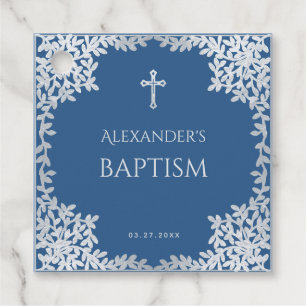 Étiquettes Cadeau Baptême bleu garçon croix élégante feuilles de fau
