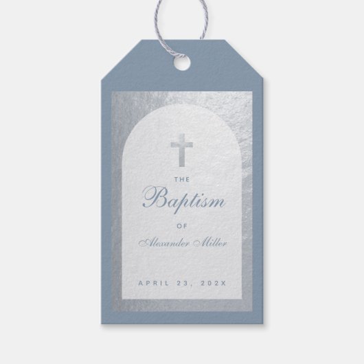 Étiquettes-cadeau Baptême Boy Dusty Blue Faux Arc Argent Script (Devant)