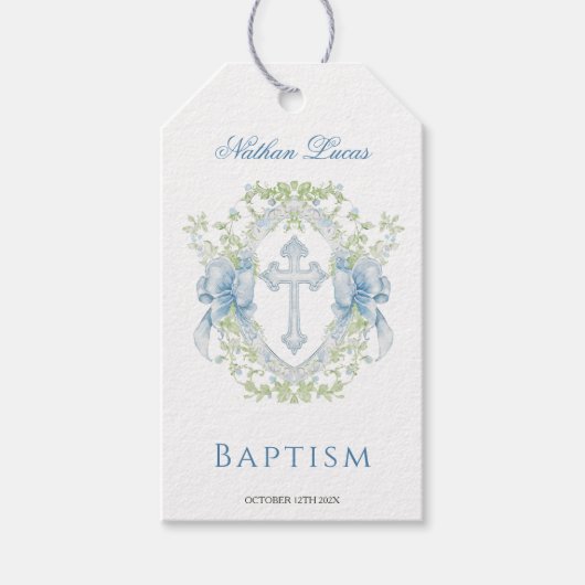 Étiquettes-cadeau Baptême Cross Crest Greenery Baby Boy Baptism étiq (Devant)